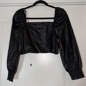 NWT 7 For All Mankind Black Faux Leather Puff Sleeve Crop Top - M
